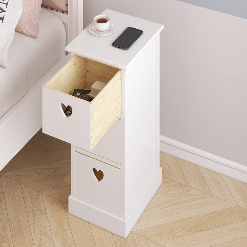 Yanchep 3 Drawer Bedside Table Set Of 2, White Storage Cabinet With 3 Heart-Shaped Drawers Side Table  25X30X64Cm, Individual