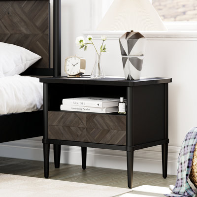 Cartlin Mid-Century Solid Wood Nightstand with Chevron Front & Open Shelf - Acacia, Mystic Finish
