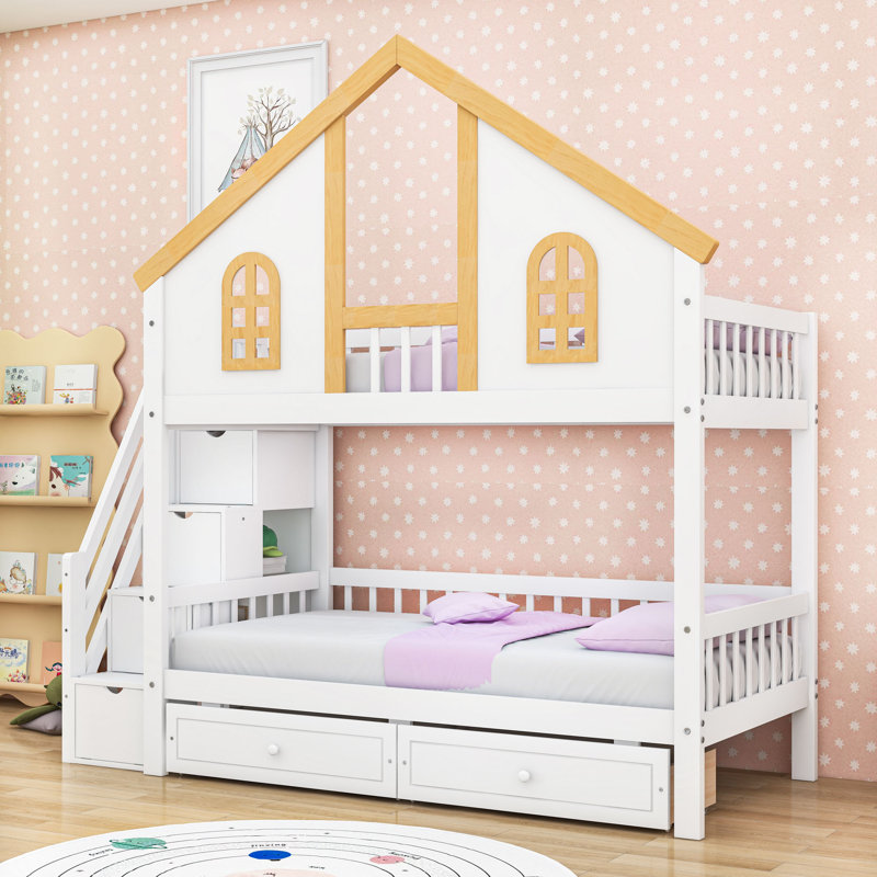 Wooden Bunk Bed with Window Door and Roof, Storage Drawers and Staircase, Twin Over Twin