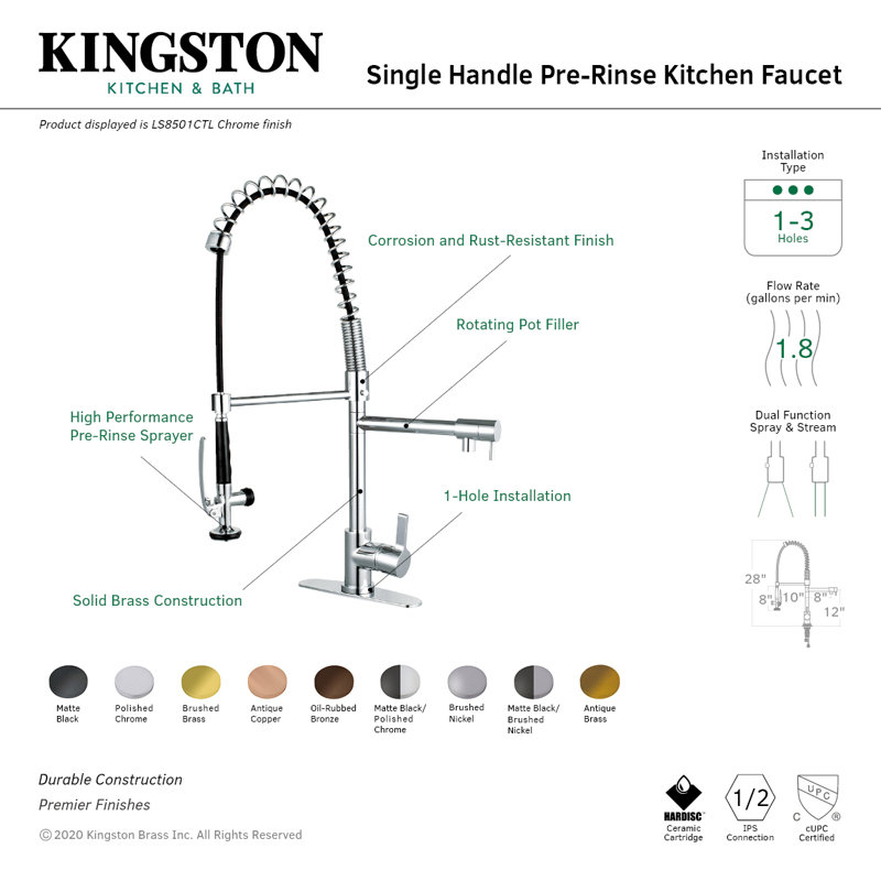 Robinet de cuisine monocommande à 1 trou à fixation sur comptoir Kingston Brass Continental, Laiton brossé