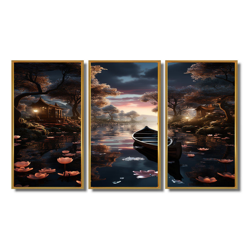 «Dinghy Floating On Misty Magic Lotus Pond», ensemble de reproductions d'art mural, Cadre flottant doré
