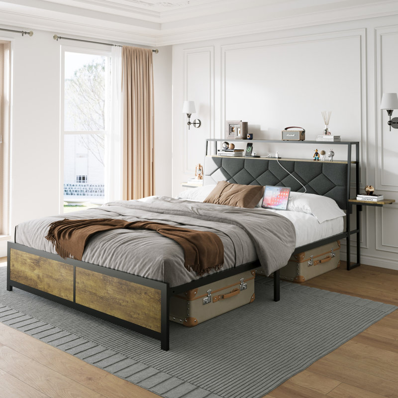 Queen Size Bed Frame With RGB LED Lights,USB Port And Power Outlet,Upholstered Headboard Soft Backrest And Bedside Shelf,No Box Spring Needed , Rustic Brown