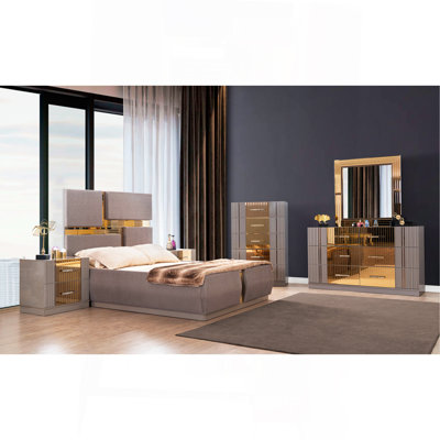 Lorenzo Queen 5 Pc Tufted Upholstery Bedroom Set Made With Wood And Gold Accents In Gray