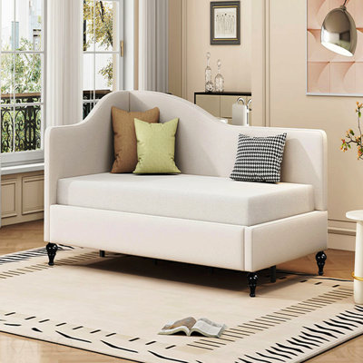 Twin Size L-Shaped Linen Daybed, With Solid Wood Legs, Beige