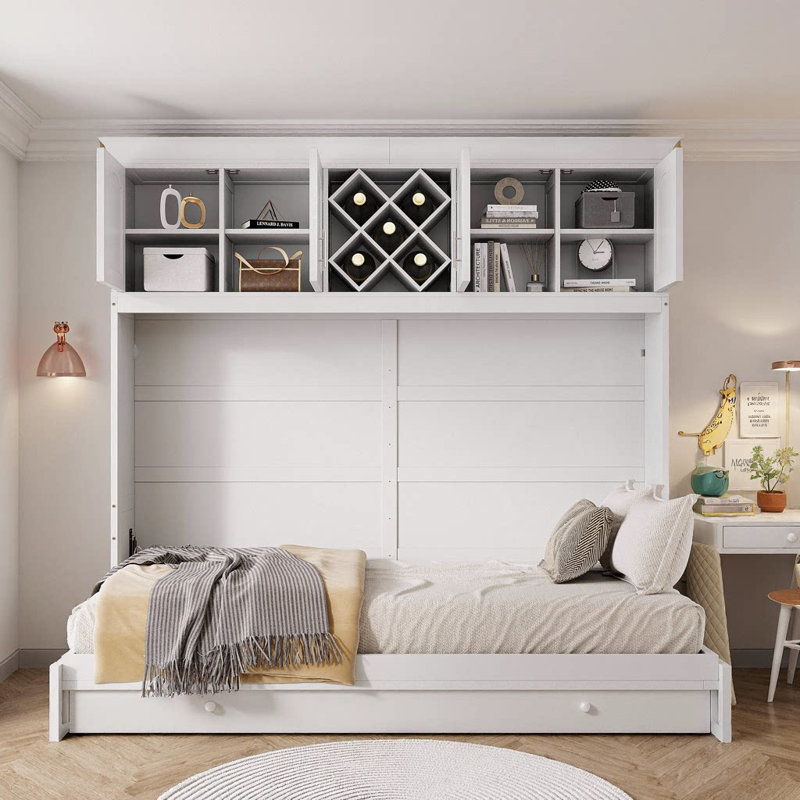 Grand lit escamotable gris avec armoires supérieures et porte-bouteilles - Solution murale peu encombrante, Blanc