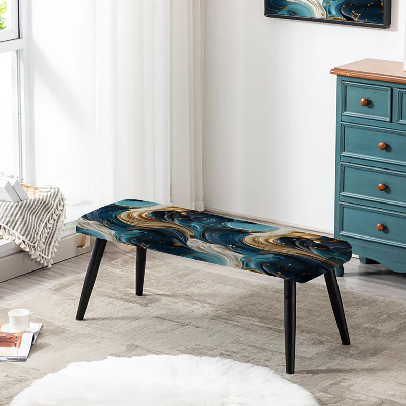 Gold Veins And Blue Marble Pattern - Marble Upholstered Black Bench