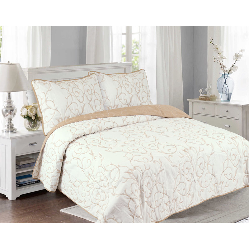 Marina Decoration Home Embroidery Bedding Stitching Coverlet Bedspread Ultra Soft Solid 3 Piece Summer Embroidered Quilt Set with 2 Quilted Shams, Gold Branch Color Queen/Full Size