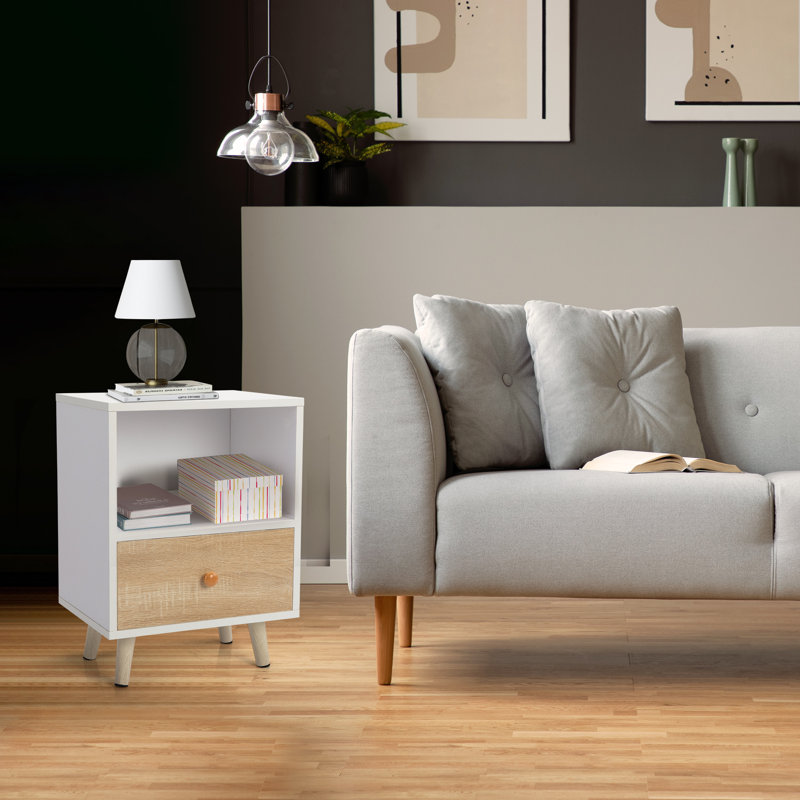 Nightstands Set of 2, Night Stand with Drawer and Open Storage Shelf, Bedside Tables with Solid Wood Legs, End Table, Side Table for Bedroom