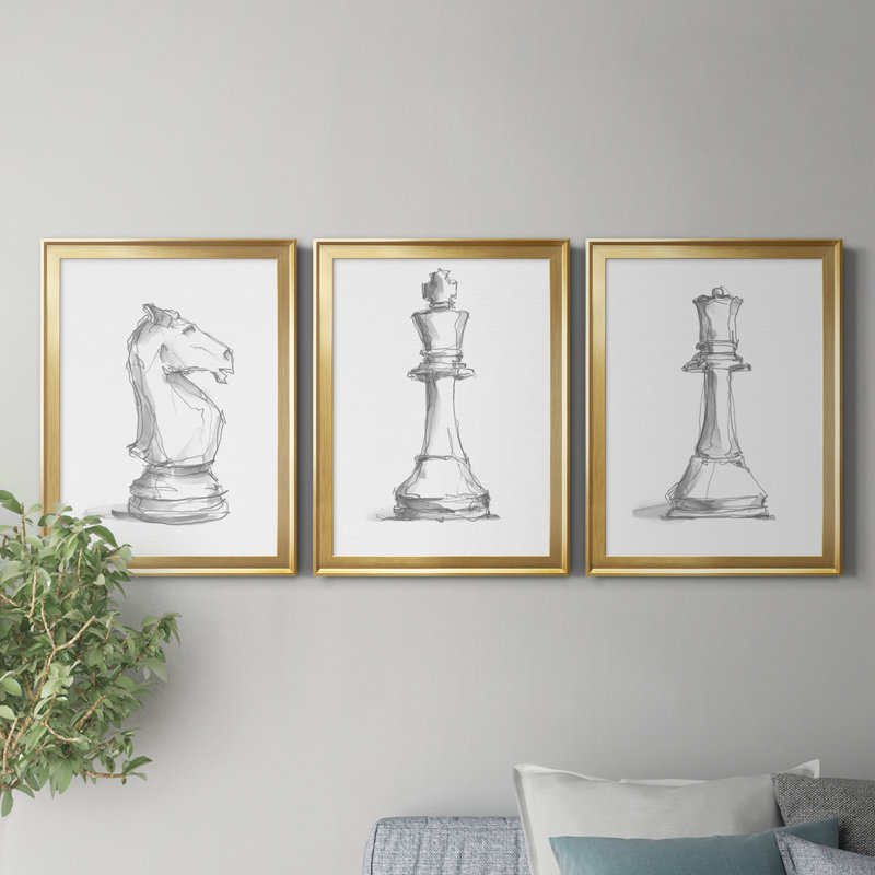 Chess Room Study I, reproduction encadrée de qualité supérieure - prête à être accrochée, H 24,5 po x l 55,5 po x P 1 po, Or