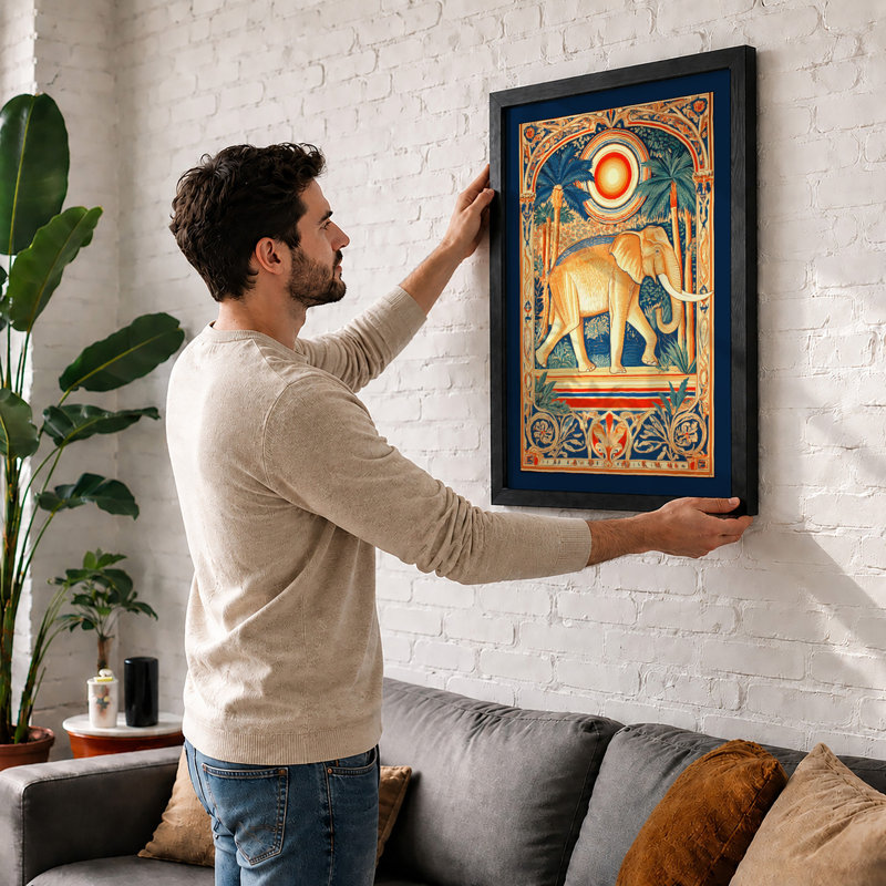Golden Elephant Under Sun Art Deco - Single Picture Frame Print, A1 - 84.1 x 59.4 cm, Black