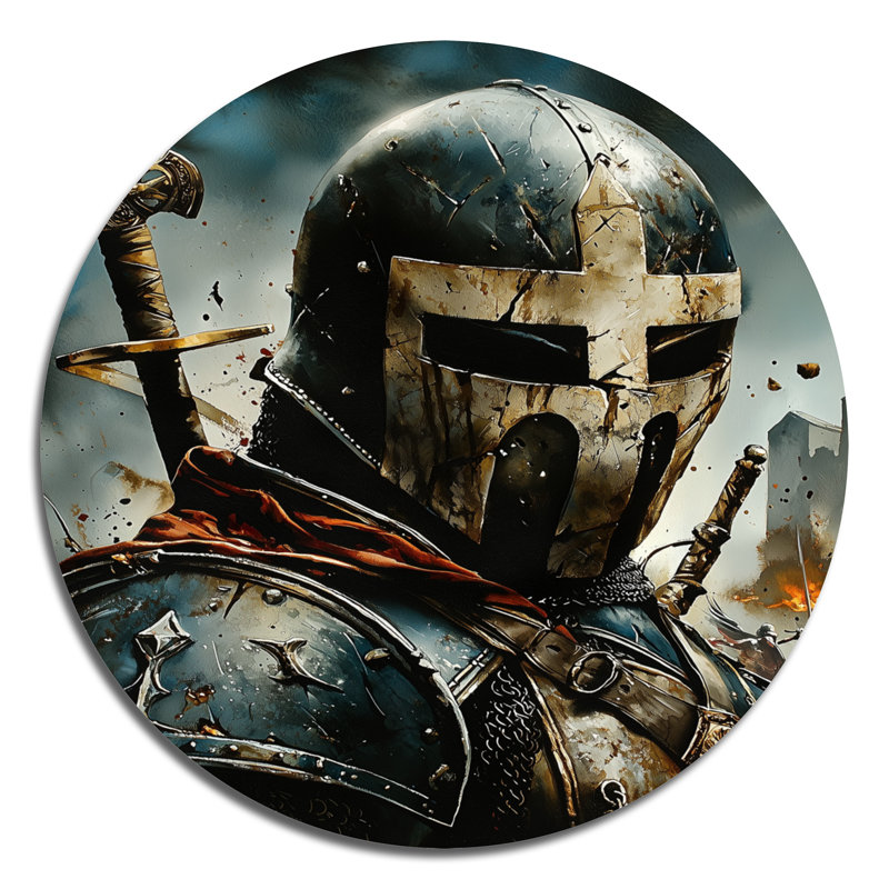 «The Crusader Path To The Saint» - Armée, art mural rond en métal pour le salon, H 16 po x l 16 po