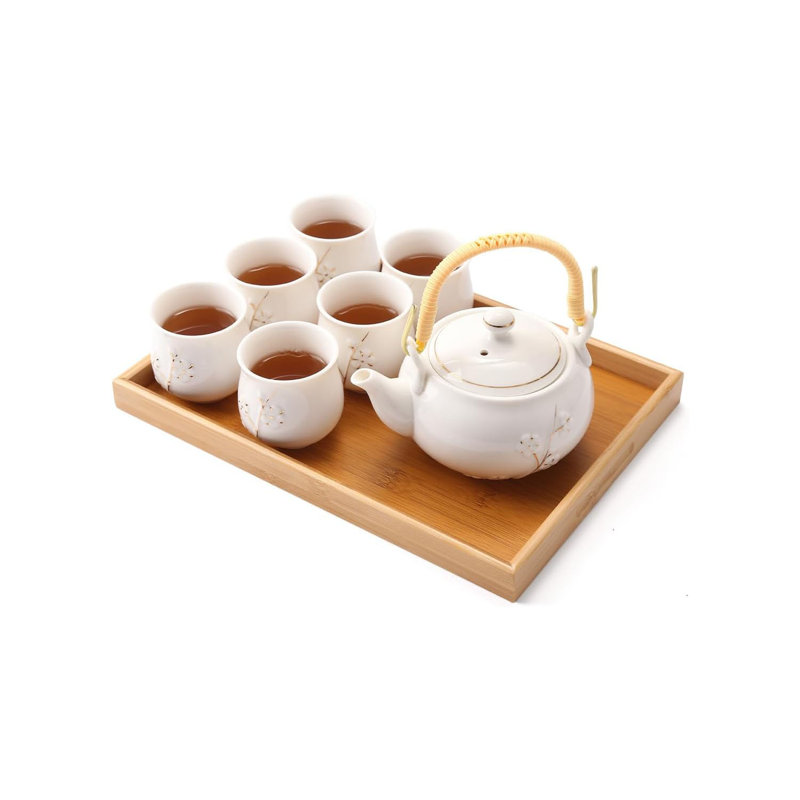 Service à thé japonais en porcelaine blanche à motif prune avec plateau infuseur en acier inoxydable 6 tasses