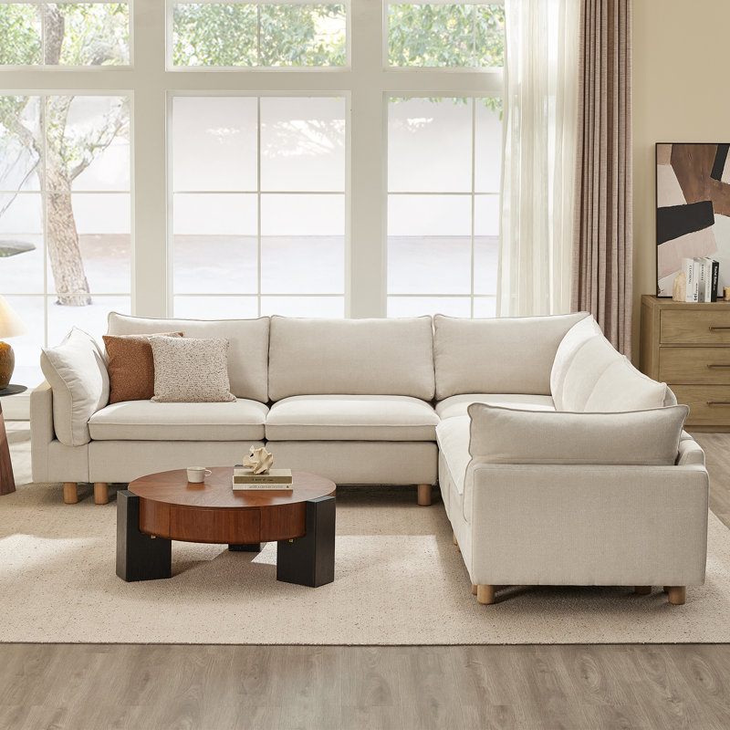 Solena 5-Piece Upholstered Corner Sectional With, Cream Polyester