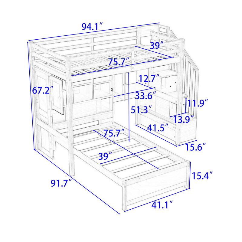 Lit mezzanine simple au-dessus de simple en bois Keleigh avec bureau intégré, tablettes et escalier, Blanc