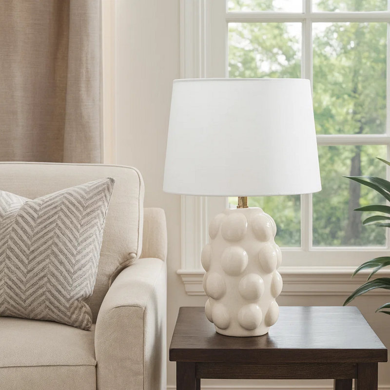 Lizy Accent Table Lamp, White Linen Shade, Bubble Ceramic Base 20 Inch