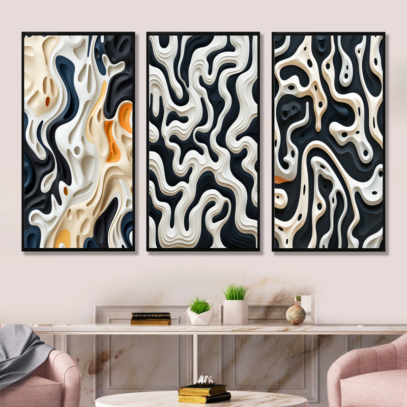 Black White Labyrinth Pattern, Black Floater Framed, 28" H x 36" W