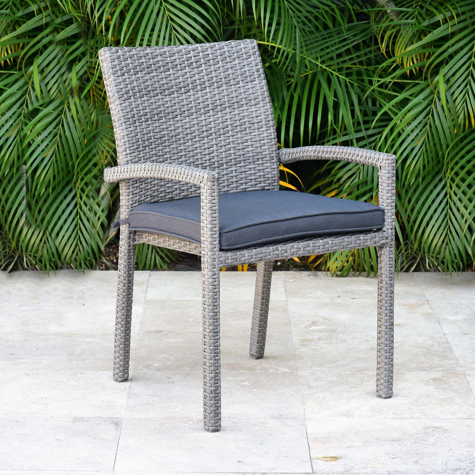 Alyisa Wicker Premium All-Weather Wicker Outdoor Stacking Dining Armchair with Cushion, Gray/Gray