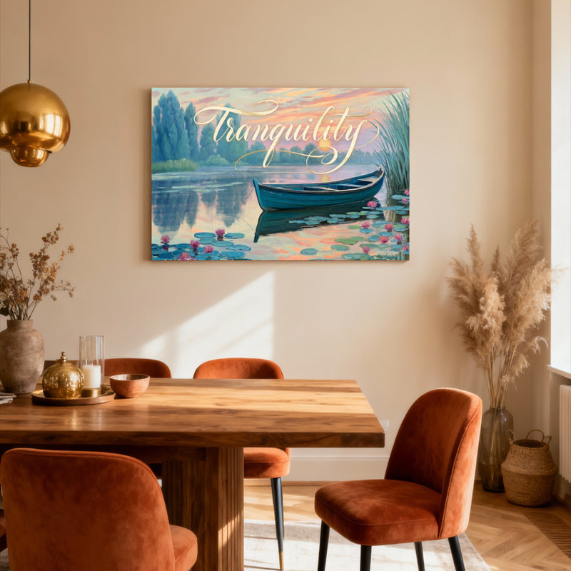 Tableau sur toile tendue représentant un paysage de lac paisible avec un bateau bleu et des nénuphars (lot de 1)