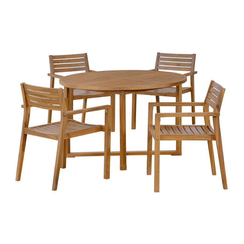 Ensemble de salle à manger 5 pièces à lattes en bois d'acacia et design résistant aux intempéries Javor, Naturel