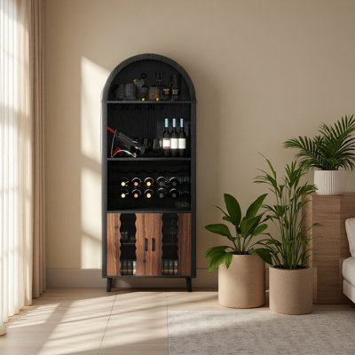 71"Farmhouse Arched Bar Cabinet: Tall Arched Display Cabinet , Arch Wine Bar Cabinets &Coffee Bar, Whiskey Station With Wine Rack And Wine Glass Holde by Ebern Designs
