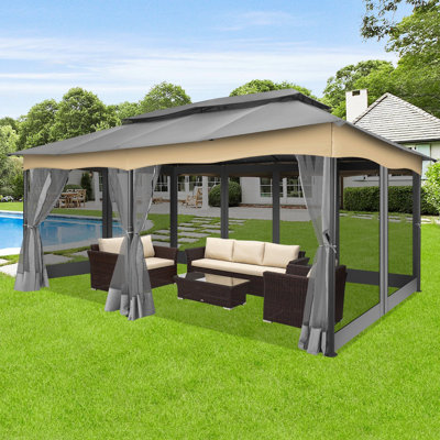 Auvent d'extérieur 12 pi x 20 pi avec abri de soleil robuste avec 4 sacs de sable, imperméable, double et filet pour la pelouse, le jardin, la cour et la terrasse