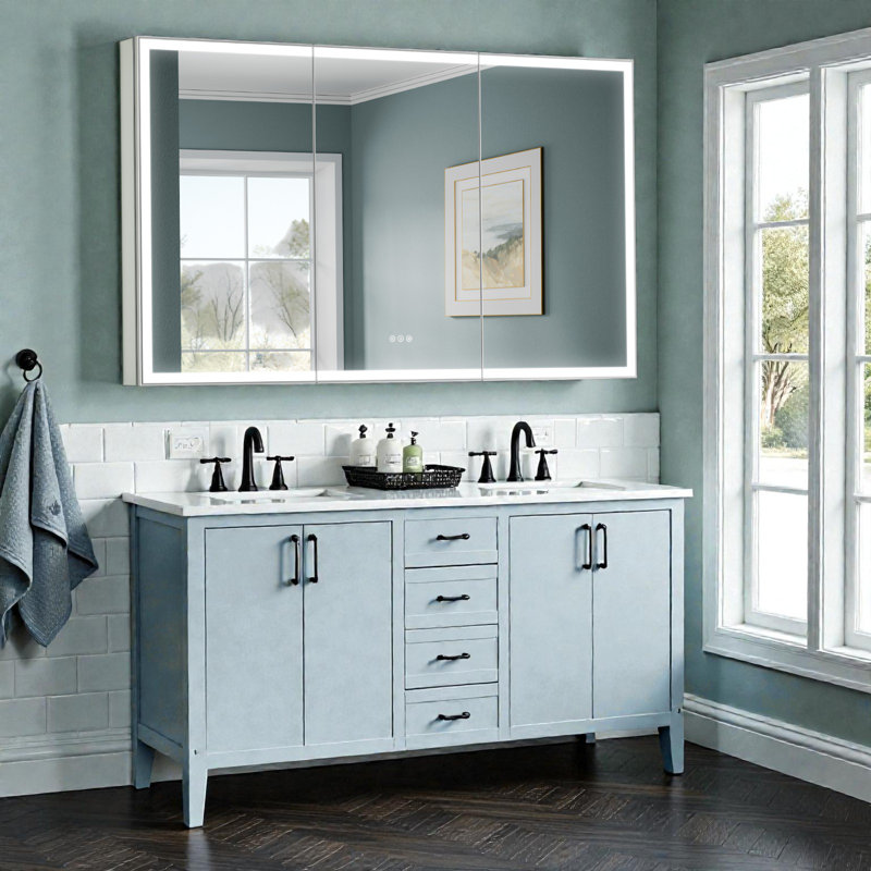 Tempered-Mirror Medicine Cabinet with Lights, Modern Edge-Lit Strip, Plug-in/Hardwired, Anti-Fog/3 Colors/Dimmable, Outlets&USBs, ETL Listed, Surface Mount/Recessed