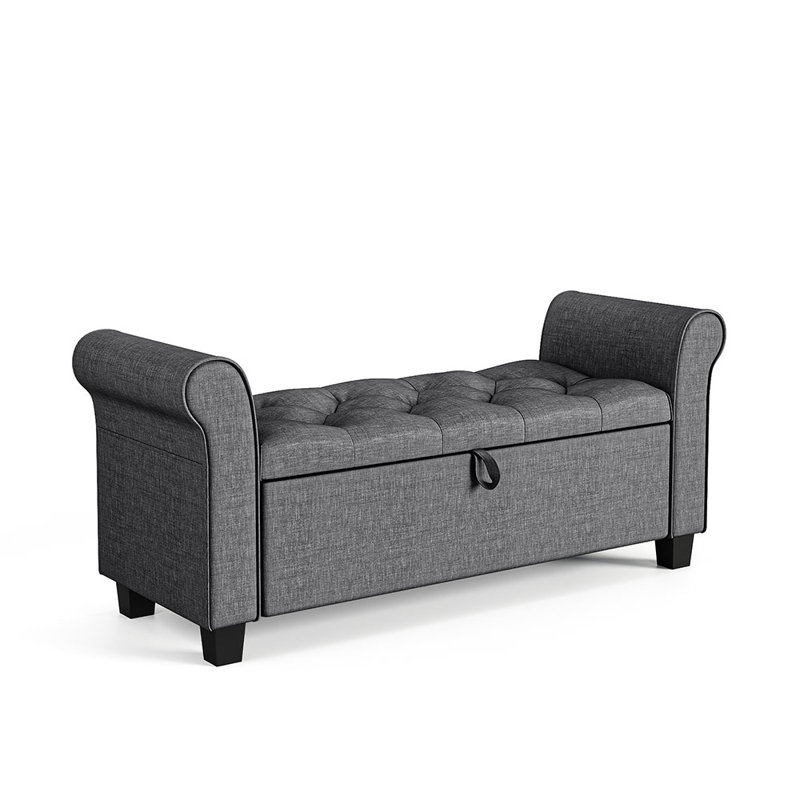 Elysian Linen Splayed Upholstered Armrest Storage Ottoman Bench Chaise, Dark Grey