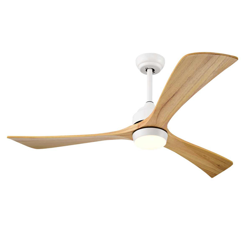 52" Solid Wood DC Motor Blade Ceiling Fan With Light & Remote Control, White, Light Brown