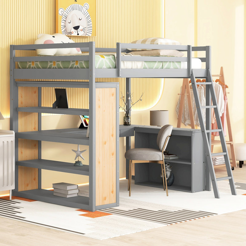 Lit mezzanine double gris avec tablettes, bureau - économisez de l'espace et organisez le lit. Comprend pour une configuration de chambre polyvalente. Fabrication solide et fiable