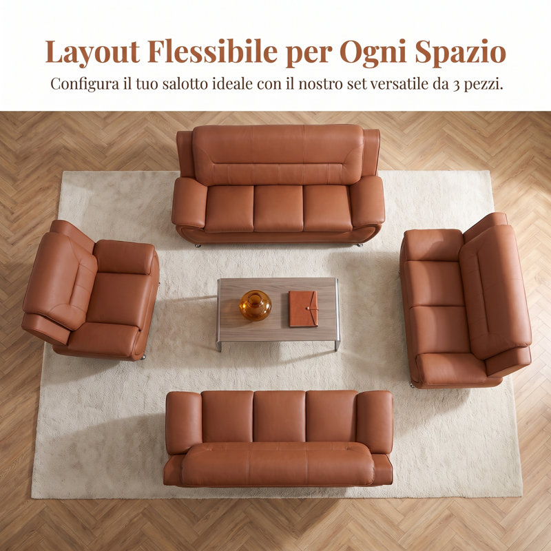 Ensemble de canapés modernes 3 pièces en cuir brun – Canapé de salon 1+2+3 places avec mousse haute densité, dossier ergonomique et pieds en métal chromé
