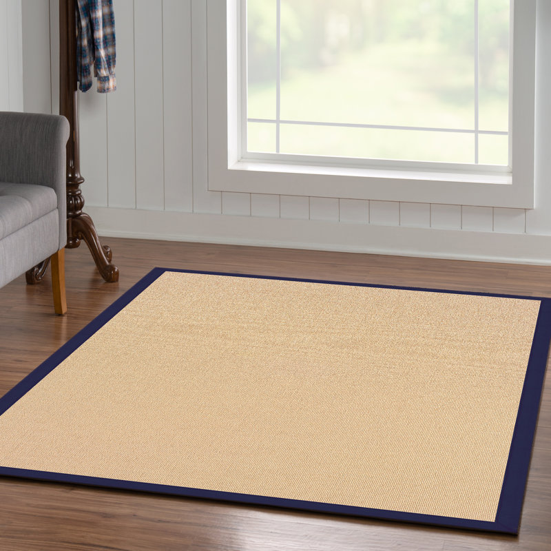 Nannette Handmade Light Beige Berber with Navy Blue Cotton Border Made in the USA Area Rug, Rectangle 5' x 8'