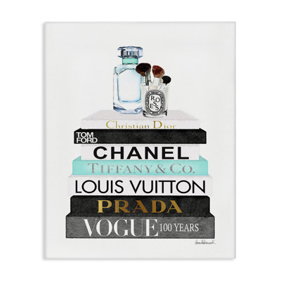 «Book Stack Perfume Brushes Glam Fashion», reproduction de peinture à l'aquarelle
