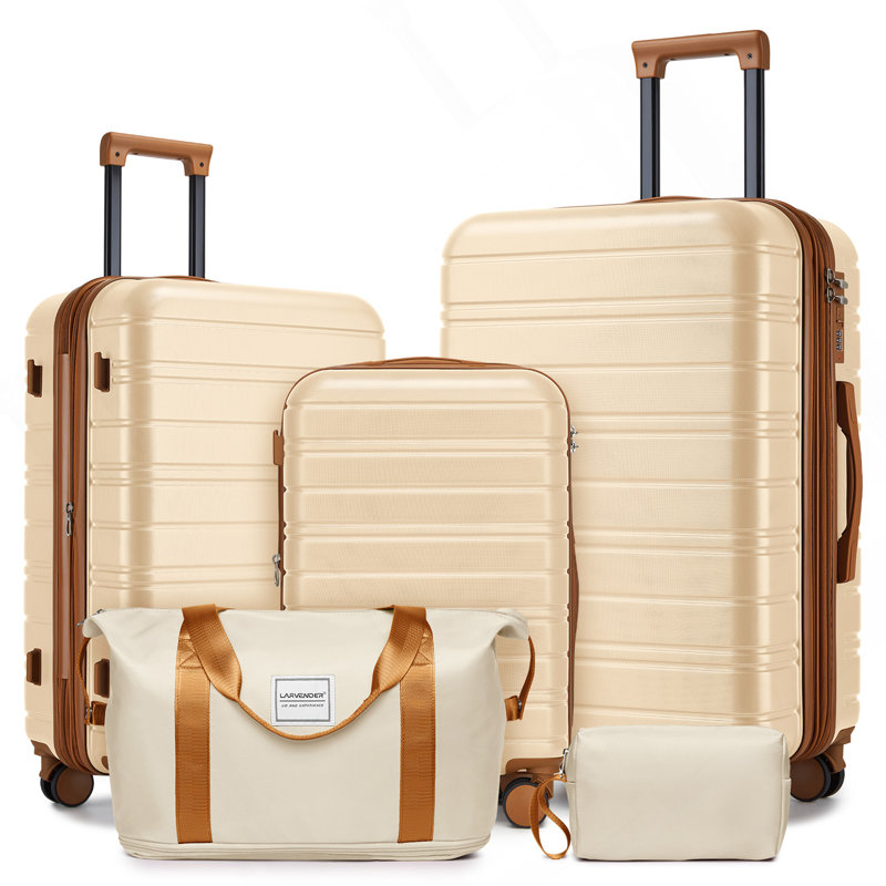 Ensembles de bagages 5 pièces avec sacs de voyage, valises rigides extensibles avec roulettes, crème