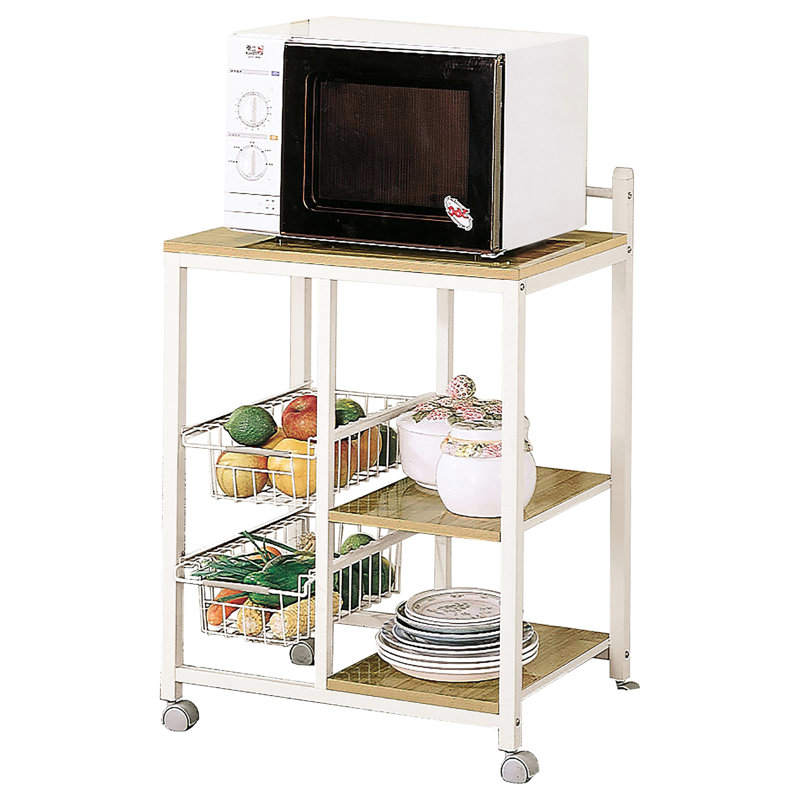 Chariot de cuisine moderne en brun naturel et blanc, tablette spacieuse pour grille-pain, rangement avec tablettes, 4 chariots blancs transportables, micro-ondes, rangement double, mobile, rectangulaire
