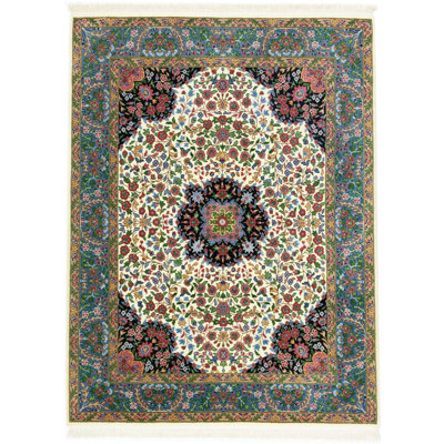 Poppy-Grace Floral Handmade Hand-Knotted Rectangle 6'6" x 9'3" Wool Area Rug in Blue/Black/Yellow