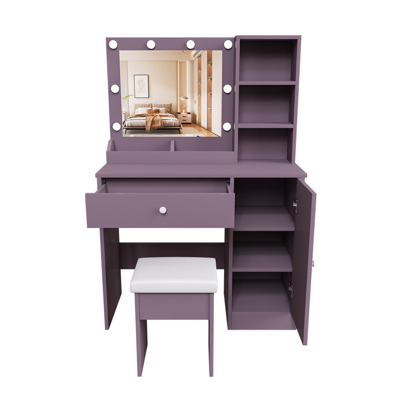 Modern Makeup Vanity with Stool and Adjustable Lighted Mirror