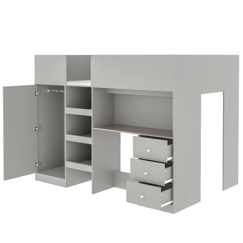 Lit mezzanine double en bois avec garde-robe intégrée, bureau, tablettes de rangement et tiroirs, gris, Gris