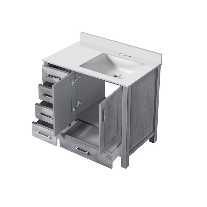 Meuble-lavabo gris patiné 36 po X P 22 po D, décalé à droite et plateau en quartz blanc, Gris