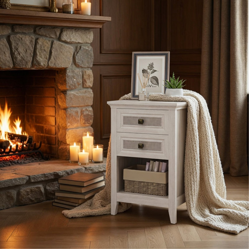 Table de chevet 17,7 po en rotin blanc - table de chevet Boho avec 2 tiroirs et tablette