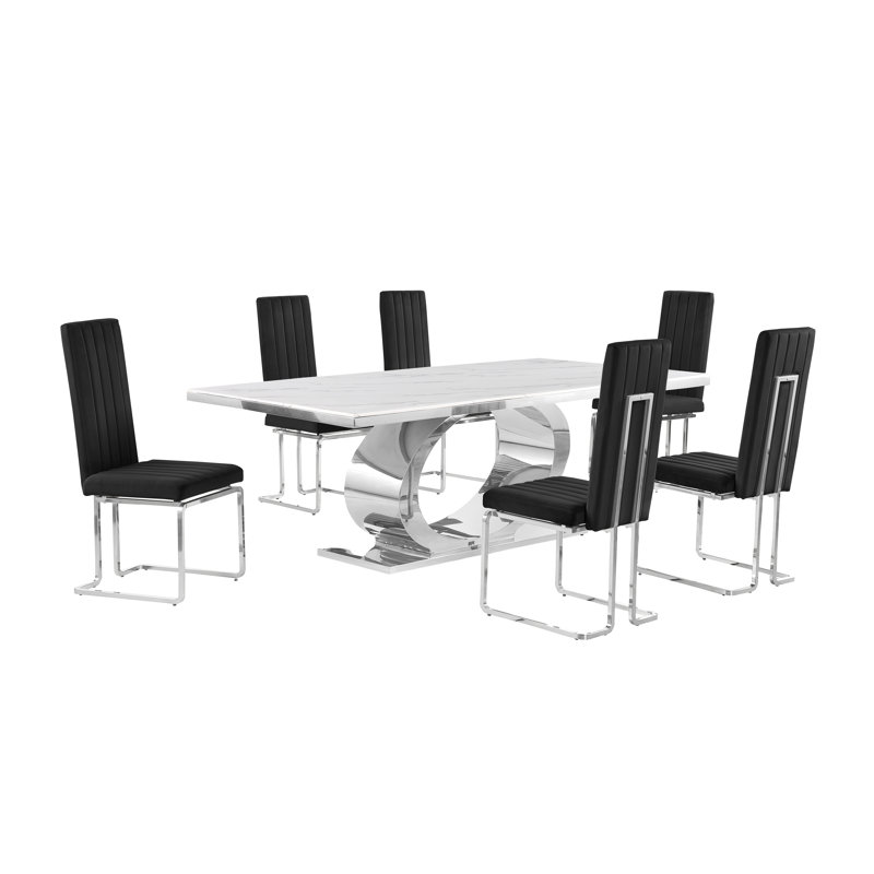 Ensemble de salle à manger 87 L 44 x Bauke, Ensemble repas 7 pièces, Noir / argent, Argent
