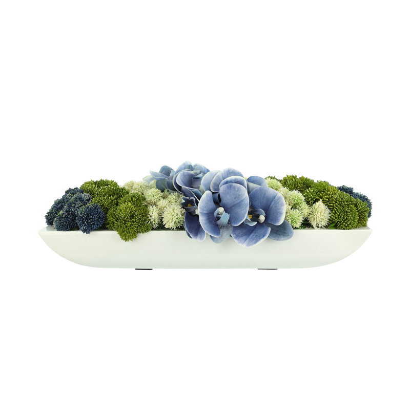 Orchids and Assorted Sedum in Fiberstone Planter