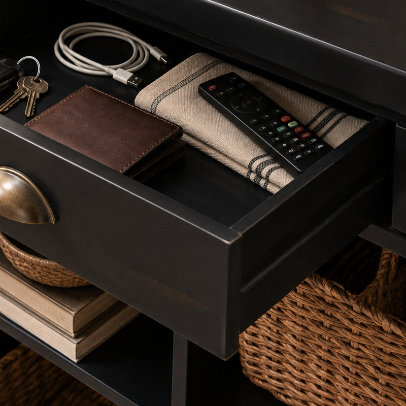 Console Olmsted Farmhouse avec tiroirs et tablettes de rangement ouvertes, Espresso