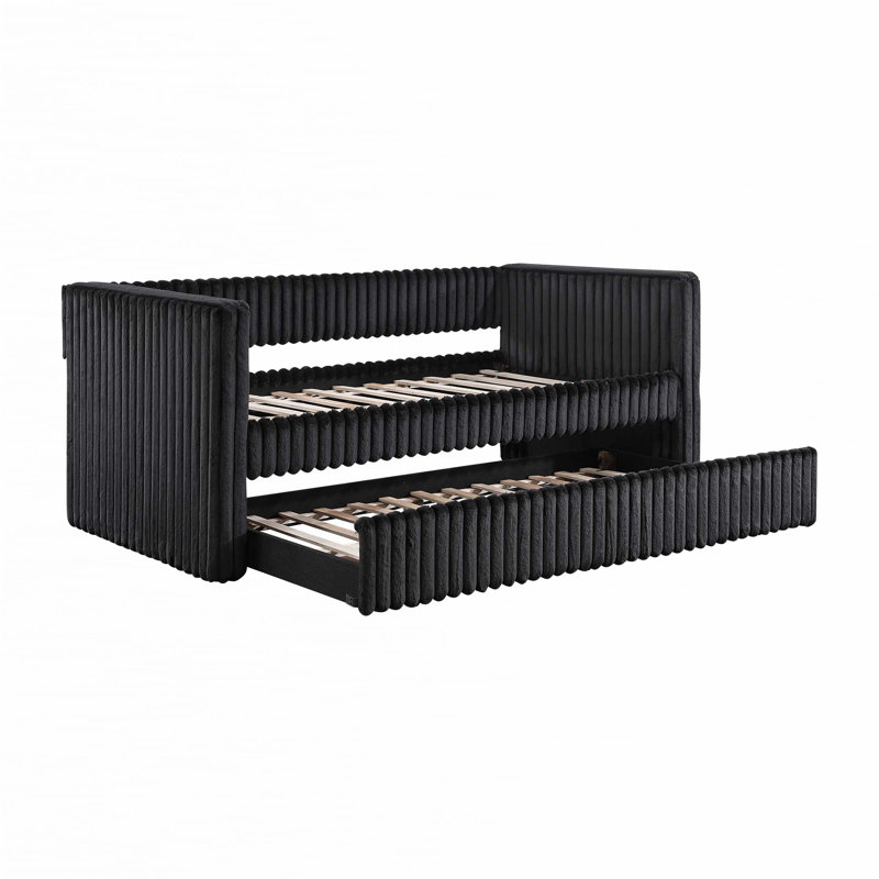 1pc Daybed with Trundle Corduroy Fabric, Black