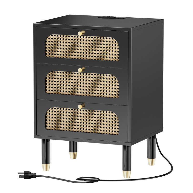 18.9'' W Solid Wood Legs 3-Rattan Drawer Nightstand with Charging Station, Black
