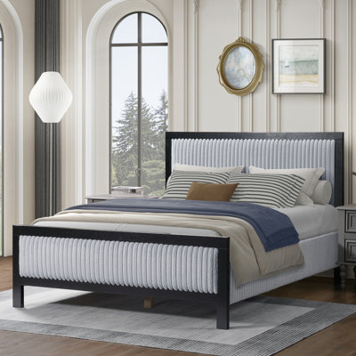 Queen Upholstered Platform Bed, Soft Fluffy Black And Grey Headboard, Solid Wood, Long - Term Durability, Silent Slats, Quiet Nights, Straightforward Installation, Casual Finish, Stable Performance,