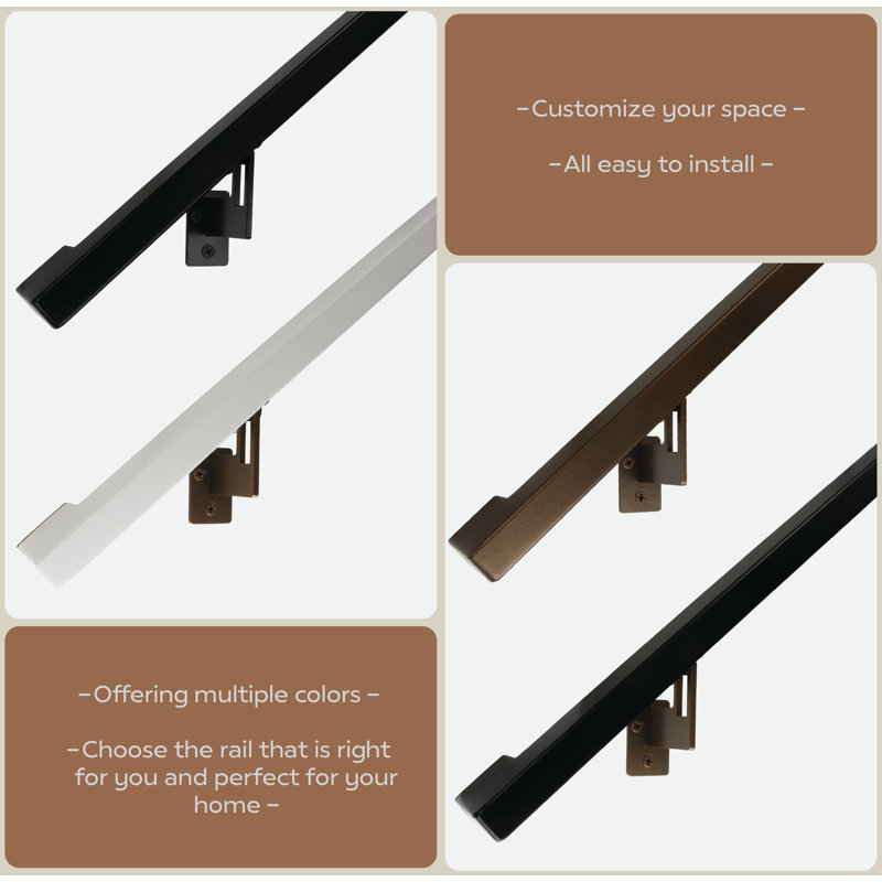Modern Black Aluminum Handrail Kit with Adjustable Steel Brackets, 12' W