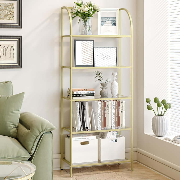 5-Tier Bookcase Bookshelf,Gold Finish Arched Glass Bookcase