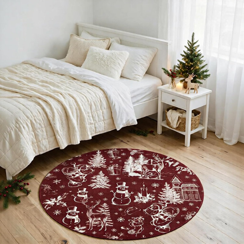 Washable Area Rug, Red and White, 120*120cm