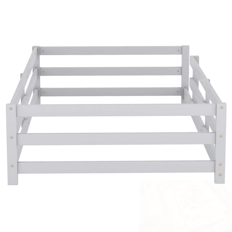 Twin Size Floor Bed With Fence, Gray, Twin