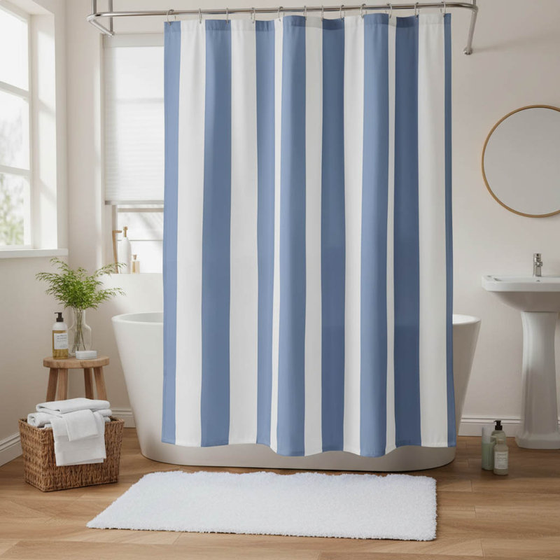 Waterproof Striped Polyester Shower Curtain For Modern Bathrooms, Blue/White